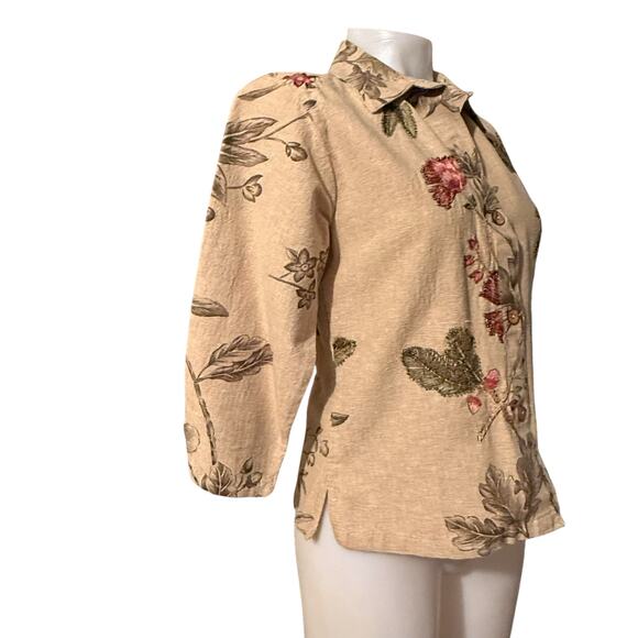 Vintage Linen Blend Button Front 3/4 Sleeve Floral Print Top Blouse Beaded SM - Picture 2 of 10